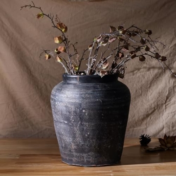 12.4" Tall Black Vintage Terracotta Vase for Unique Decor