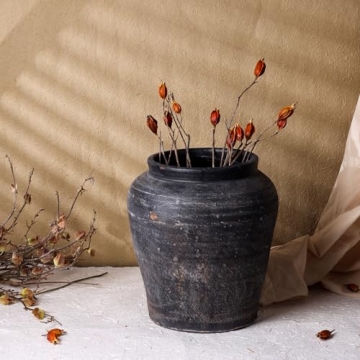 12.4" Tall Black Vintage Terracotta Vase for Unique Decor