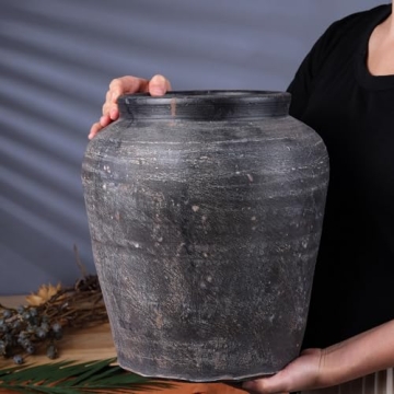 12.4" Tall Black Vintage Terracotta Vase for Unique Decor