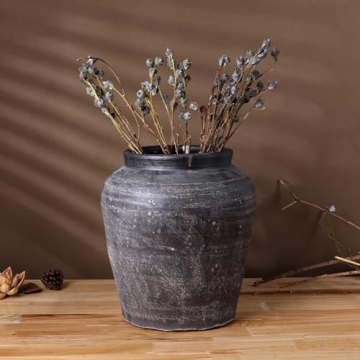 12.4" Tall Black Vintage Terracotta Vase for Unique Decor