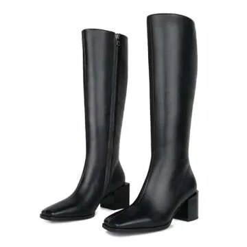 WETKISS Knee High Boots Women Gogo Boots Black Boots for Women Chunky Boots for Women Knee High 70s Boots for Women Tall Boots Long Boots Block Heel Square Toe Leather Boots Thigh High Boots for Women