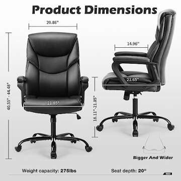 Office Chair - Ergonomic Executive Computer Desk Chairs with Padded Armrest, Swivel Task Chair with Lumbar Support, Strong Metal Base, PU Leather, Black