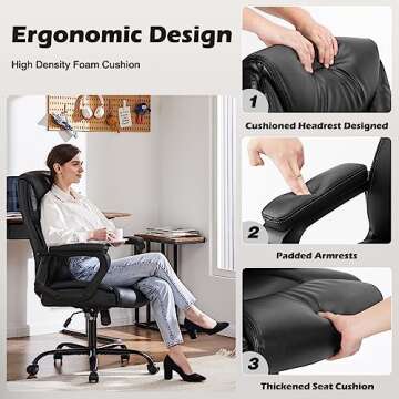 Office Chair - Ergonomic Executive Computer Desk Chairs with Padded Armrest, Swivel Task Chair with Lumbar Support, Strong Metal Base, PU Leather, Black