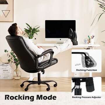 Office Chair - Ergonomic Executive Computer Desk Chairs with Padded Armrest, Swivel Task Chair with Lumbar Support, Strong Metal Base, PU Leather, Black