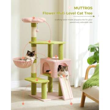MUTTROS Flower Cat Tree 47.2" Multi-Level Cat Tower with Sisal Covered Scratching Posts, Cute Cat Condo for Indoor Small Medium Cats, Pink Top Perch, Ramp, Fluffy Ball, Pink