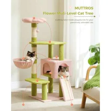 MUTTROS Flower Cat Tree 47.2" Multi-Level Cat Tower with Sisal Covered Scratching Posts, Cute Cat Condo for Indoor Small Medium Cats, Pink Top Perch, Ramp, Fluffy Ball, Pink