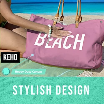 KEHO Waterproof Beach Bag with Pockets For Women (Sandproof) - Rose Pink
