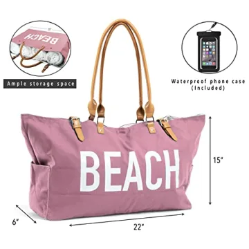 KEHO Waterproof Beach Bag with Pockets For Women (Sandproof) - Rose Pink