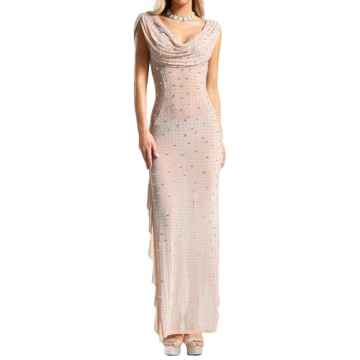 Diamante Mesh Dress Low Cut Sequin Dress for Women Sleeveless Maxi Cocktail Dress Slit See Through D...