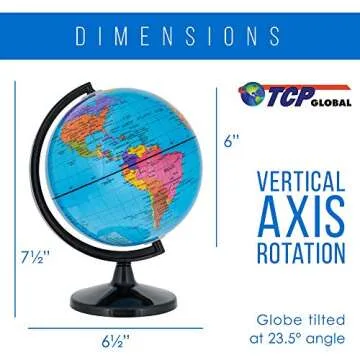 TCP Global 6" Blue Ocean World Globe with Black Base - Compact Mini Political Globe, Vertical Axis R...