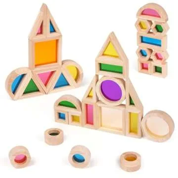Wooden Rainbow Building Blocks for Kids 32 Pcs Rainbow Stacker Stacking Blocks Game Colorful Construction Toys Preschool Learning Educational Toys -Geometry Wooden Blocks for Boys & Girls