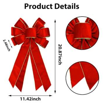 Large Christmas Bow for Wreath 20 * 11inch Vintage Red Wreath Bow Golden Edged Red Velvet Tree Toppe...