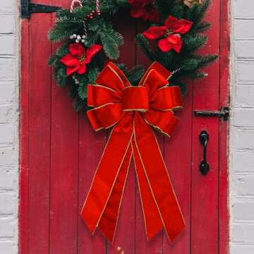 Large Christmas Bow for Wreath 20 * 11inch Vintage Red Wreath Bow Golden Edged Red Velvet Tree Topper Ornament Decorative Bow for Xmas Home Outdoor Indoor Party