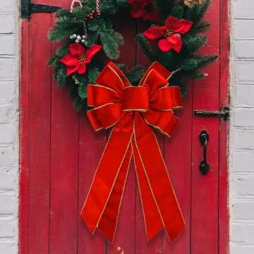 Large Christmas Bow for Wreath 20 * 11inch Vintage Red Wreath Bow Golden Edged Red Velvet Tree Topper Ornament Decorative Bow for Xmas Home Outdoor Indoor Party