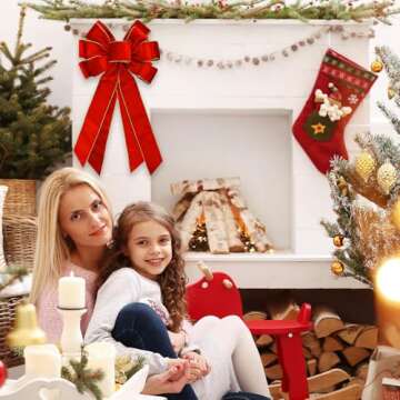 Large Christmas Bow for Wreath 20 * 11inch Vintage Red Wreath Bow Golden Edged Red Velvet Tree Topper Ornament Decorative Bow for Xmas Home Outdoor Indoor Party