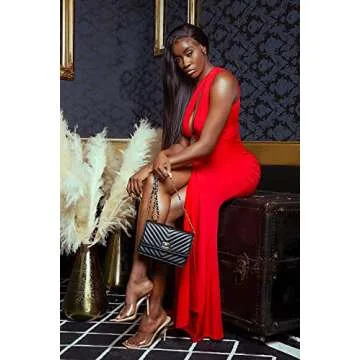 LAGSHIAN Women Sexy Elegant One Shoulder High Split Cutout Long Evening Dress Red