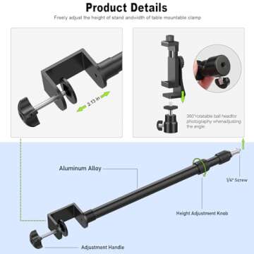 2 Pack Camera Desk Mount with 1/4" 3/8" Screws Ball Head Camera,17-41" Desk Camera Mount, Adjustable Aluminum Desktop Light Stand, for DSLR Camera, Ring Light
