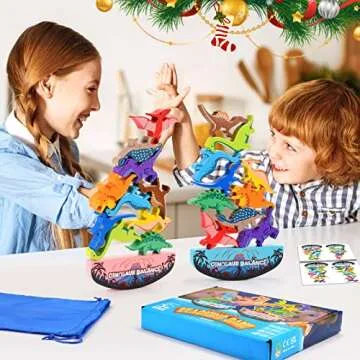 IPOURUP Dinosaur Toys for Kids 3-5: Wooden Stacking Montessori Toys for 3 4 5 6 7 Year Old Balance Competition Game for Family Ideal Easter Birthday Gifts for Kids Ages 3-7 (Double Version)