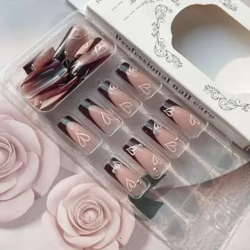 Glamorous Medium Press on Nails with Heart Rhinestones