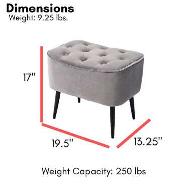 BIRDROCK HOME Tufted Curve Ottoman Velvet Foot Stool - Upholstered Padded Footrest for Living Room or Bedroom - Small Cushioned Accent Chair for Couch, Sofa, Large Seating - Modern Furniture - Grey