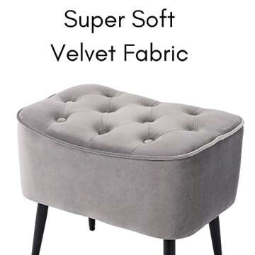BIRDROCK HOME Tufted Curve Ottoman Velvet Foot Stool - Upholstered Padded Footrest for Living Room or Bedroom - Small Cushioned Accent Chair for Couch, Sofa, Large Seating - Modern Furniture - Grey