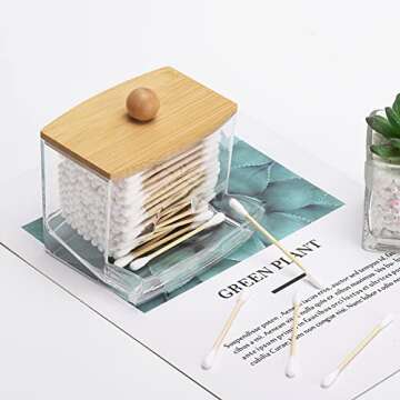 Tbestmax 10oz Qtip Holder Dispenser with Bamboo Lids, Big Clear Bathroom Organizer Accessories Decor for Storage-Qtips Cotton Ball Holder Apothecary Jars, Cotton Swabs, Floss Container