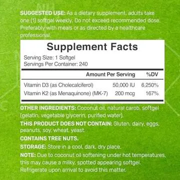 DEAL SUPPLEMENT Vitamin D3 50,000 IU + K2 MK7 200 mcg,240 Softgels | Virgin Coconut Oil, Max Strengt...