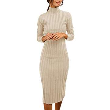 MEROKEETY Women's 2024 Ribbed Long Sleeve Sweater Dress High Neck Slim Fit Knitted Midi Dress,Khaki,L