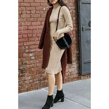 MEROKEETY Women's 2024 Ribbed Long Sleeve Sweater Dress High Neck Slim Fit Knitted Midi Dress,Khaki,L