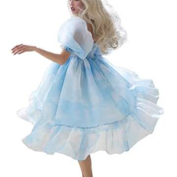 Piacakece Women Cute Puffy Dress Printed Bell Sleeve Square Neck Mesh Ruffle Bubble Dress (E-Blue, S)