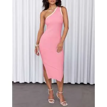 ZESICA Women's 2025 Summer One Shoulder Bodycon Midi Dresses Casual Sleeveless Ribbed Knit Side Slit...