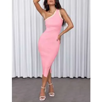 ZESICA Women's 2025 Summer One Shoulder Bodycon Midi Dresses Casual Sleeveless Ribbed Knit Side Slit Vacation Dress,Pink,X-Large