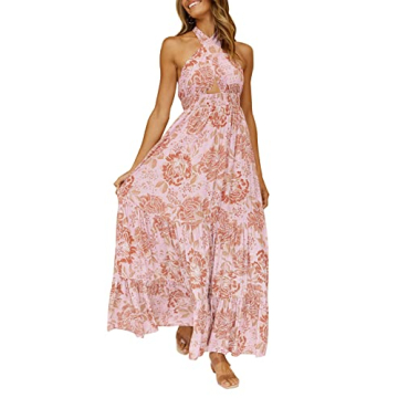ZESICA Women's Summer Crossover Halter Neck Sleeveless Plaid Cut Out Backless Flowy A Line Maxi Dres...