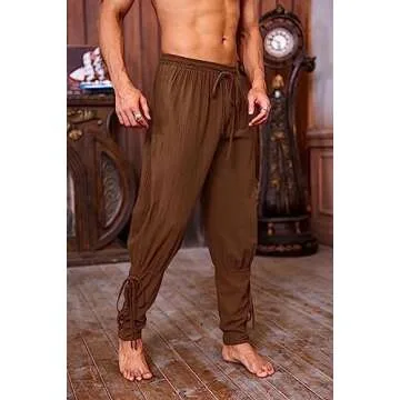 Mens Medieval Ankle Pants Viking Pirate Renaissance Costume Lace Up Tapered Banded Navigator Casual Trousers 01 Brown Small