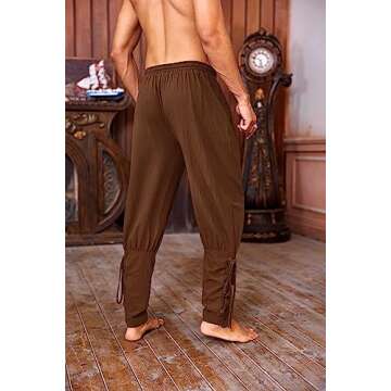 Mens Medieval Ankle Pants Viking Pirate Renaissance Costume Lace Up Tapered Banded Navigator Casual Trousers 01 Brown Small
