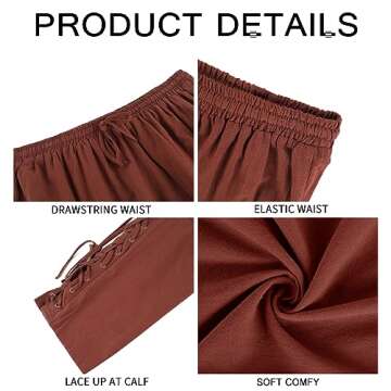 Mens Medieval Ankle Pants Viking Pirate Renaissance Costume Lace Up Tapered Banded Navigator Casual Trousers 01 Brown Small