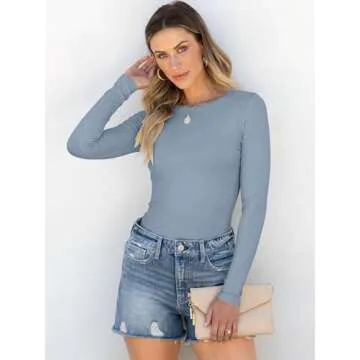 ANRABESS Women Long Sleeve Crewneck Rib Knit Slim Fit Shirts Basic Tee Tops 2025 Casual T-Shirt Going Out Workout Outfits Light Blue Medium