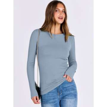 ANRABESS Women Long Sleeve Crewneck Rib Knit Slim Fit Shirts Basic Tee Tops 2025 Casual T-Shirt Going Out Workout Outfits Light Blue Medium