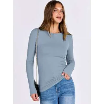 ANRABESS Women Long Sleeve Crewneck Rib Knit Slim Fit Shirts Basic Tee Tops 2025 Casual T-Shirt Going Out Workout Outfits Light Blue Medium