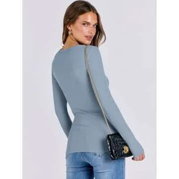 ANRABESS Women Long Sleeve Crewneck Rib Knit Slim Fit Shirts Basic Tee Tops 2025 Casual T-Shirt Going Out Workout Outfits Light Blue Medium