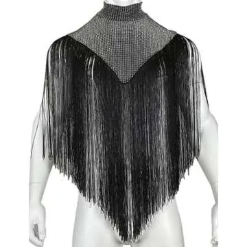 Men Sparkly Rave Outfits Sequins Patchwork Turtleneck Pullover Fringe Trim Shawl Cape Wrap Tank Tops with Tassel Festival Nightclub