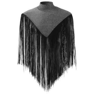 Men Sparkly Rave Outfits Sequins Patchwork Turtleneck Pullover Fringe Trim Shawl Cape Wrap Tank Tops with Tassel Festival Nightclub