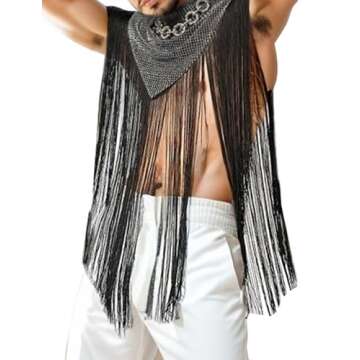 Men Sparkly Rave Outfits Sequins Patchwork Turtleneck Pullover Fringe Trim Shawl Cape Wrap Tank Tops with Tassel Festival Nightclub