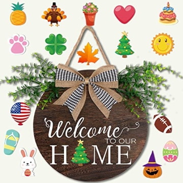 OurWarm Interchangeable Welcome Door Sign Front Door Decor, Rustic Wood Round Wreath Welcome To Our ...