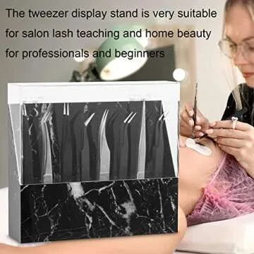LXIANGN 8 Holes Dust-proof Eyelash Tweezers Holder Case Acrylic Marble Tweezer Stand Display Organizer with Cover for Lash Extensions (black)