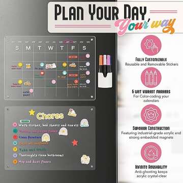 Our Happy Nest Set of 2 Clear Acrylic Calendar for Fridge Monthly Dry Erase Board Calendar & Memo Board w 5 Sticker Sheets, 6 Acrylic Board Markers & More -Clear Magnetic Board for Fridge, 15.8" x 12"