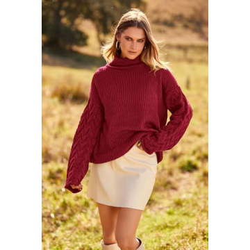 PRETTYGARDEN Womens 2024 Fall Fashion Pullover Sweaters Turtleneck Long Sleeve Cable Knit Sweater Casual Chunky Jumper Tops (Wine Red,Small)