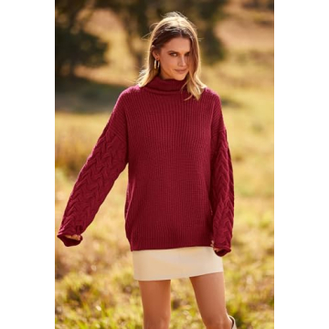 PRETTYGARDEN Womens 2024 Fall Fashion Pullover Sweaters Turtleneck Long Sleeve Cable Knit Sweater Casual Chunky Jumper Tops (Wine Red,Small)