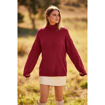 PRETTYGARDEN Womens 2024 Fall Fashion Pullover Sweaters Turtleneck Long Sleeve Cable Knit Sweater Casual Chunky Jumper Tops (Wine Red,Small)