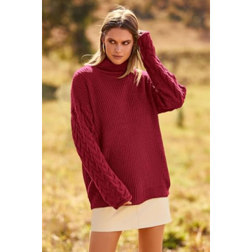 PRETTYGARDEN Womens 2024 Fall Fashion Pullover Sweaters Turtleneck Long Sleeve Cable Knit Sweater Casual Chunky Jumper Tops (Wine Red,Small)